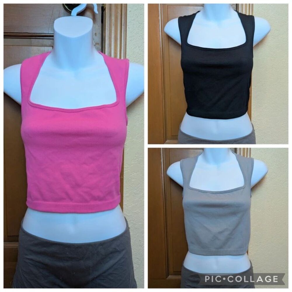 Stretchy Square Neck Crop Tanks Set of 3 Pink Black Gray Sz. M